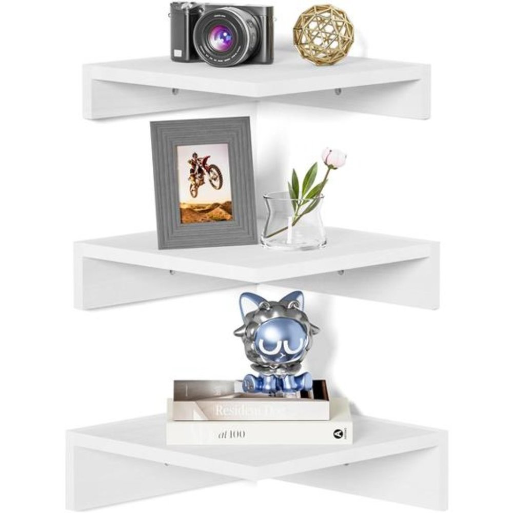 Corner Floating Shelves Wall Mounted, Rustic Wood Corner Shelves Set of 3, White